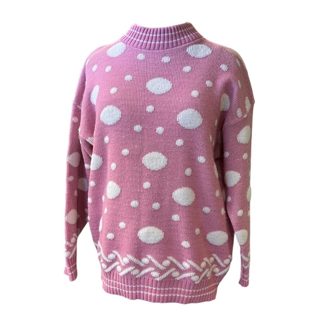 Pink White Polka Dot Sparkle Knit‎ Sweater Women Made in USA L 80s Preppy Spring